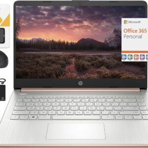 HP New 14" HD Ultra Light Thin Laptop, Quad-Core Intel Celeron Processor, 4GB RAM, 128GB (64GB eMMC+ 64GB Card), Wi-Fi, Upto 11 Hours, Windows 11 S + 1 Year Office 365+HubxcelAccessory, Rose Gold